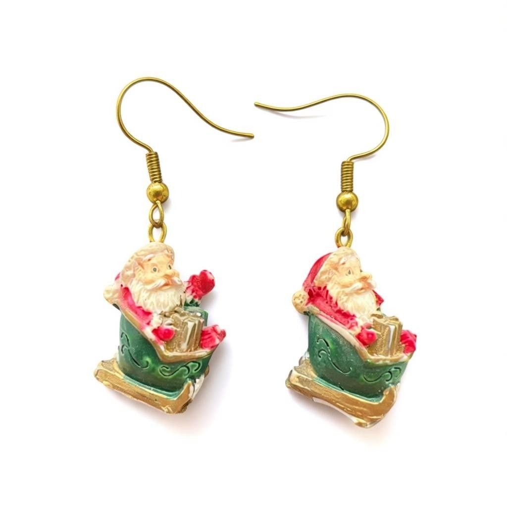 Vintage Christmas Santa Sleigh Dangle Earrings Festive Holiday Jewelry 10$